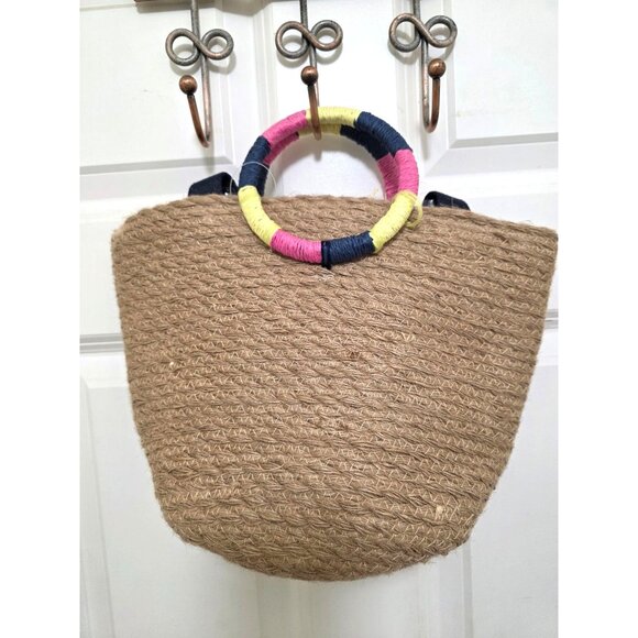 NWT Natural Woven Straw Tote Bag With Colorful Wrapped Handles & Black Shoulder - Picture 3 of 6
